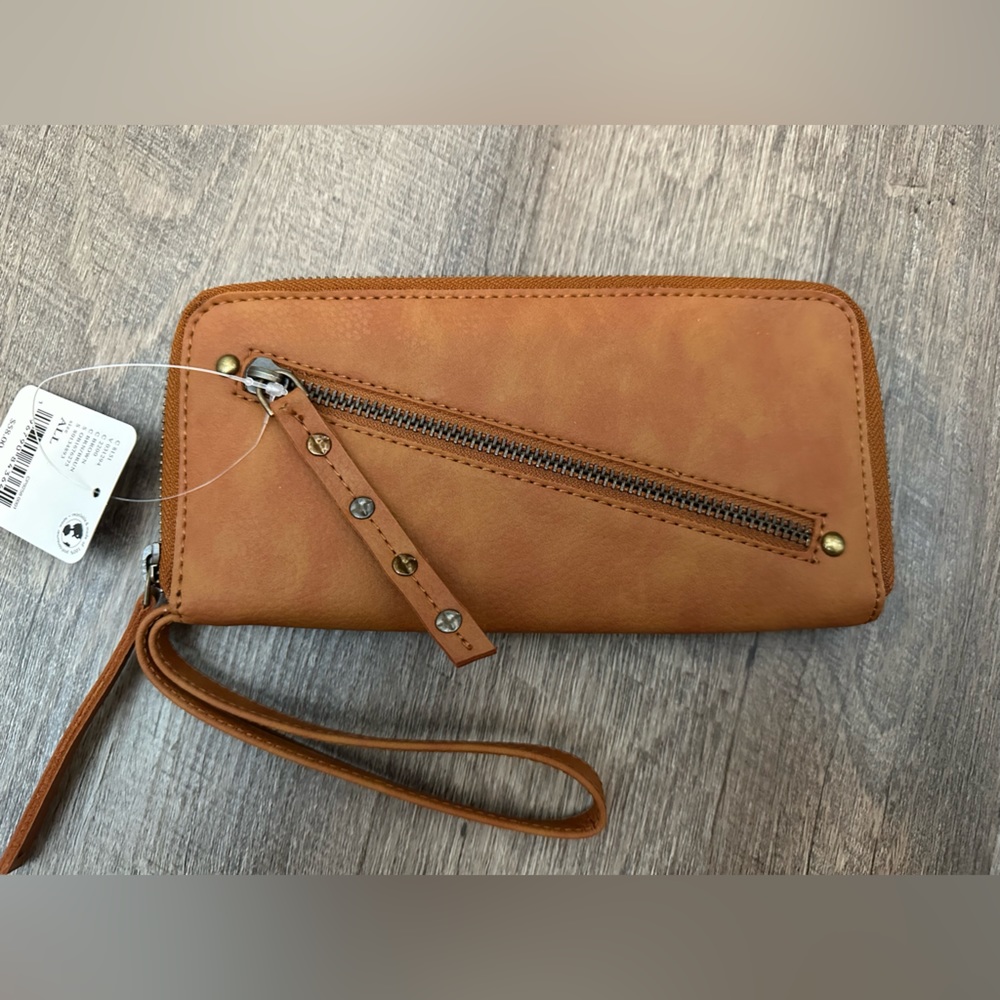 NWT Free People Brown Vegan Leather Wallet with Zipper Design